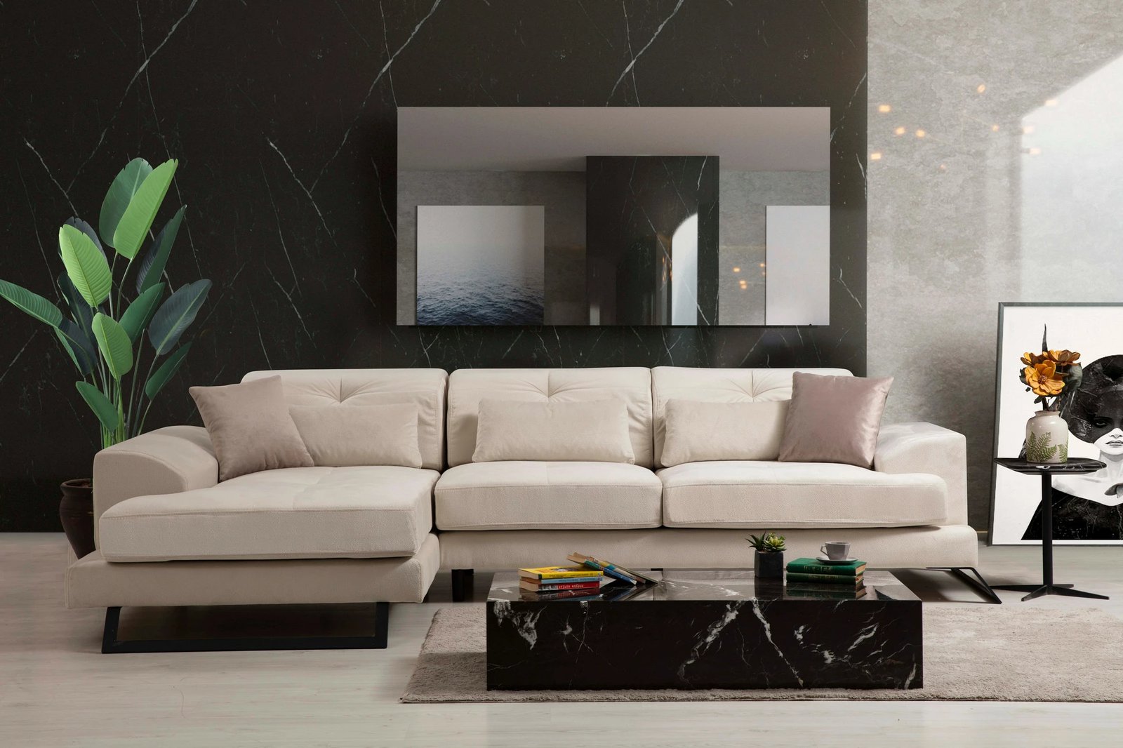 Këndare Frido, kënd majtas, ngjyrë ecru, 5 jastëkë