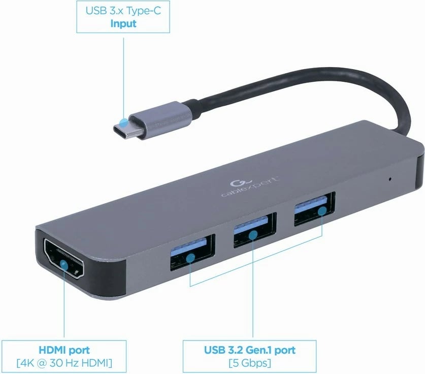 Adapter USB-C Gembird A-CM-COMBO2-01 me 3 porta USB 3.0 dhe HDMI, Gri