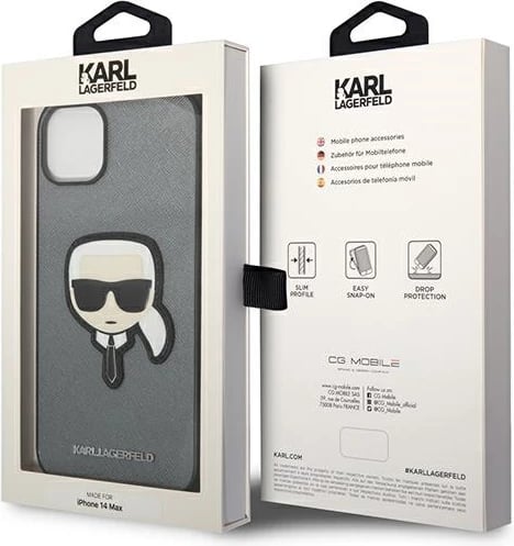 Mbështjellës Karl Lagerfeld KLHCP14MSAPKHG për iPhone 14 Plus 6.7", hardcase, Saffiano Karl's Head Patch, argjendtë