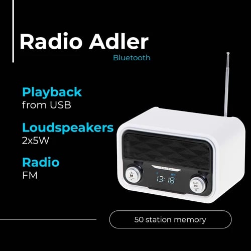 Radio Bluetooth Adler AD 1185, FM, USB/SD/AUX, stereo 2x5W, bateri 1800 mAh, me orë, e bardhë