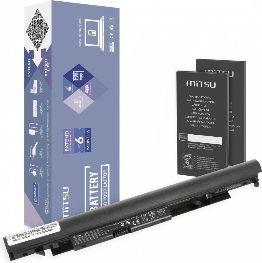 Bateri laptop Mitsu BC/HP-250G6-11.1, 2200 mAh, 11.1V, 4 qeliza, e zezë Bateri laptop Mitsu BC/HP-250G6-11.1, 2200 mAh, 11.1V, 4 qeliza, e zezë