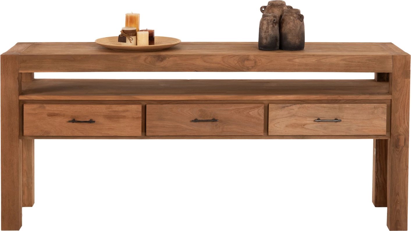 Konsolë me 3 sirtarë, dru TEAK i ricikluar, ngjyrë natyrale, 180x45x80H cm