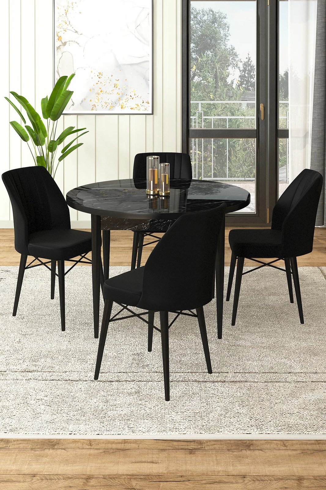 Tavolinë me karrige, 5 copë, Skye Decor, Rox, mermer i zi, e zezë