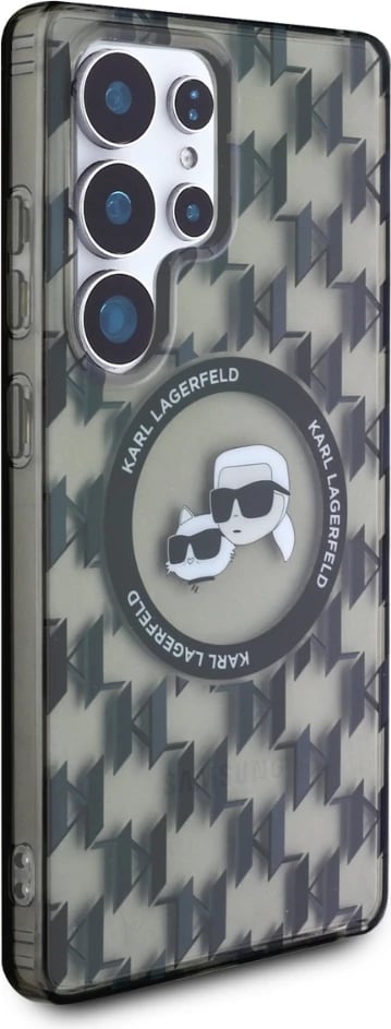 Mbështjellës Karl Lagerfeld Button Karl & Choupette Heads On KL Pattern MagSafe për Samsung Galaxy S25 Ultra, zi