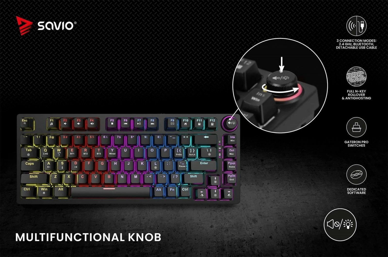 Tastierë mekanike wireless Savio Phenix, Gateron Red Pro, 82 taste, RGB, e zezë Tastierë mekanike wireless Savio Phenix, Gateron Red Pro, 82 taste, RGB, e zezë