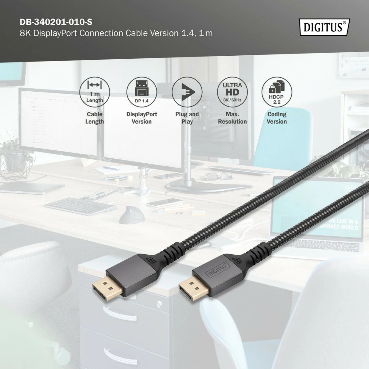 Kabllo DisplayPort Digitus DB-340201-010-S, 1m, 8K/60Hz, E zezë