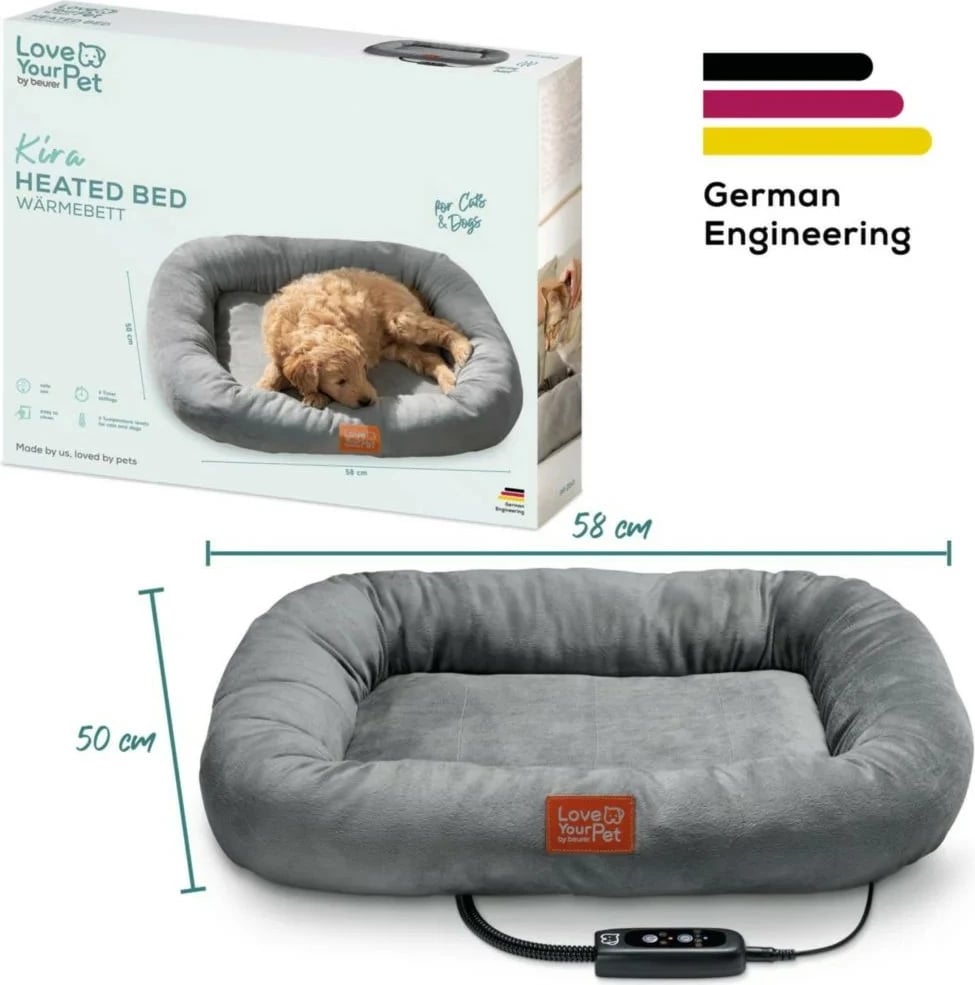 Shtrat i ngrohtë për kafshë, Beurer Kira PP250, 58x50x10 cm, 2 nivele nxehtësie, timer 2-12 orë, IPX7, gri