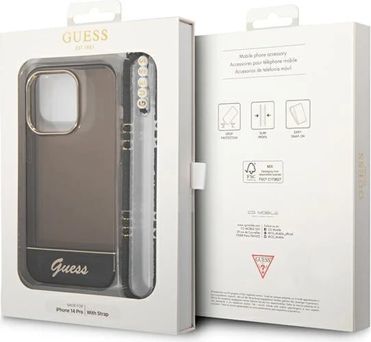 Mbështjellës Guess GUHCP14LHGCOHK për iPhone 14 Pro 6.1", Translucent Pearl Strap, i zi