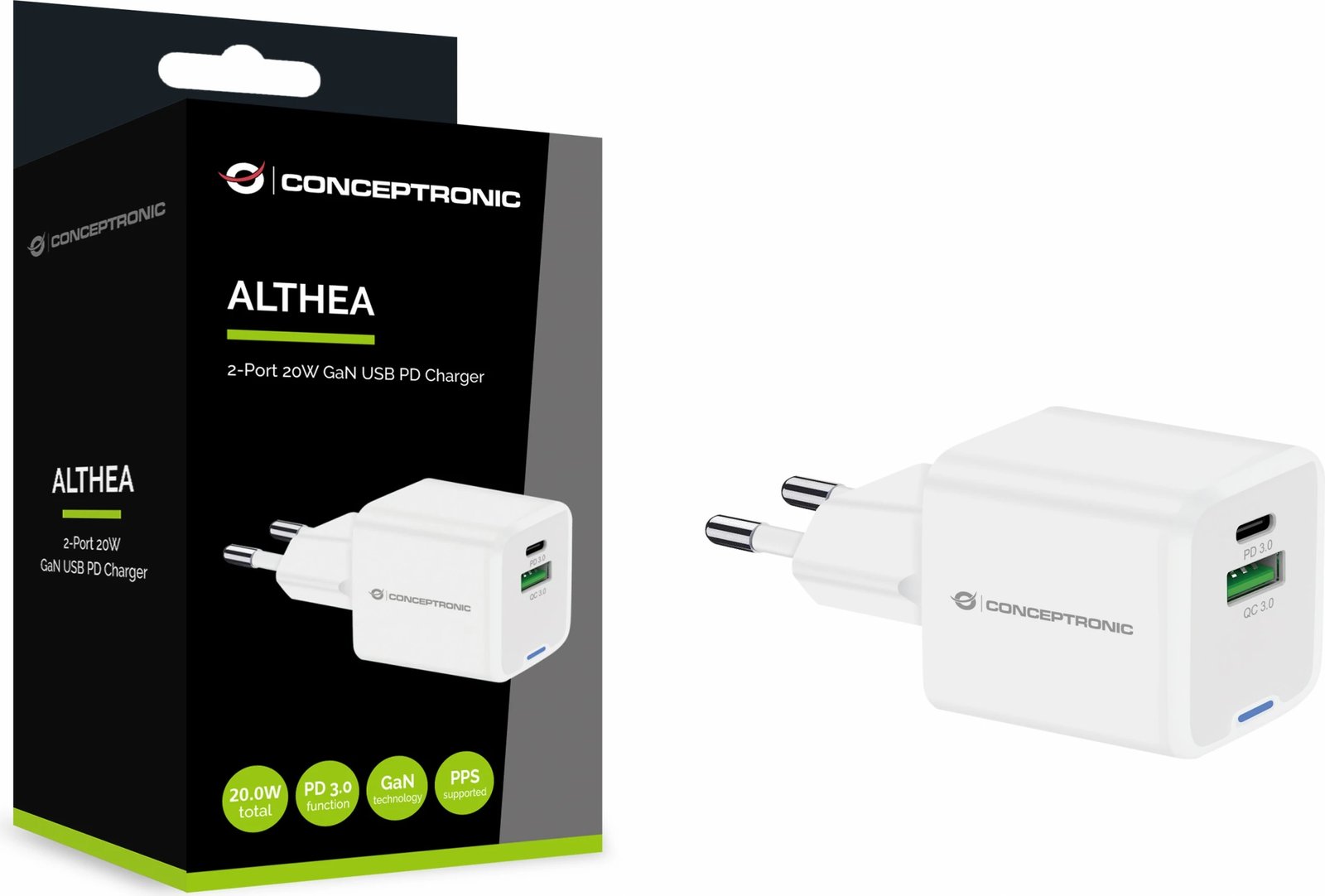 Karikues Conceptronic 2Port GaN USB-C/-A 20W PD3.0/PPS i bardhë