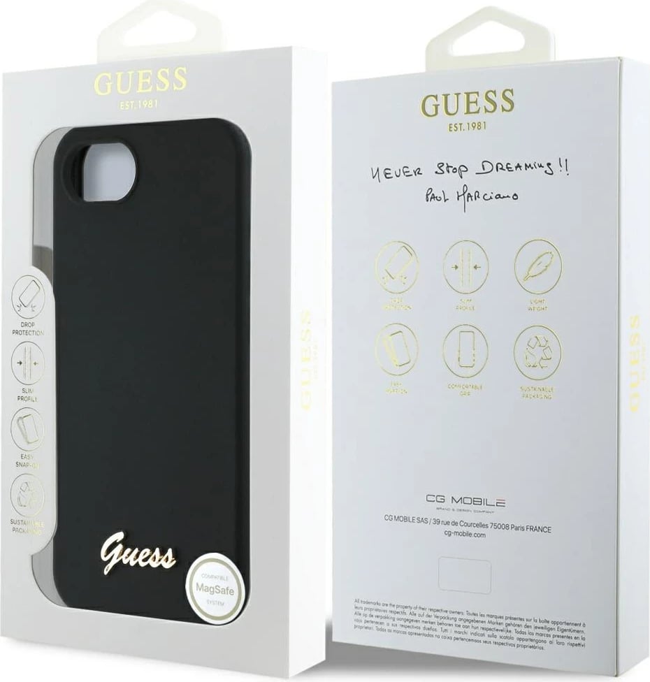 Mbështjellës Guess Silicone Script Metal Logo MagSafe për iPhone 16e, i zi Mbështjellës Guess Silicone Script Metal Logo MagSafe për iPhone 16e, i zi