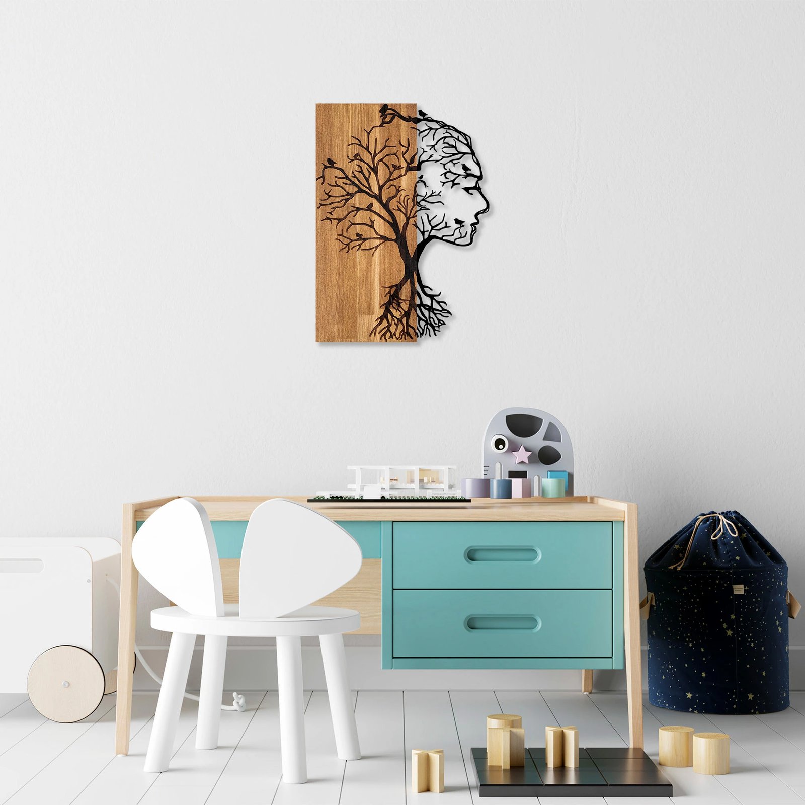 Aksesor dekorativ muri, dru dhe metal, fytyrë gruaje, Wallity, ngjyrë arre/zezë, 43x58cm