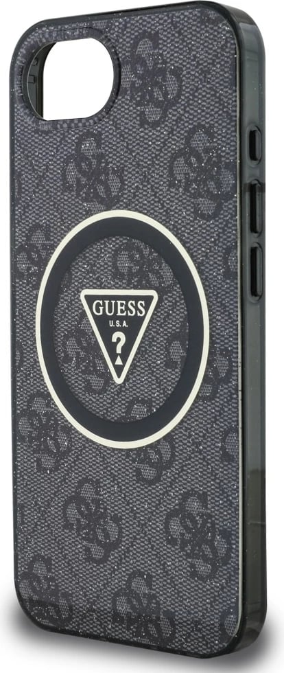 Mbështjellës Guess IML Metal Glitter 4G Circle Triangle MagSafe për iPhone 16e, i zi