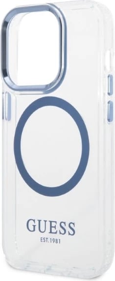 Mbështjellës Guess Metal Outline Magsafe për iPhone 14 Pro Max 6.7", kaltër/transparente