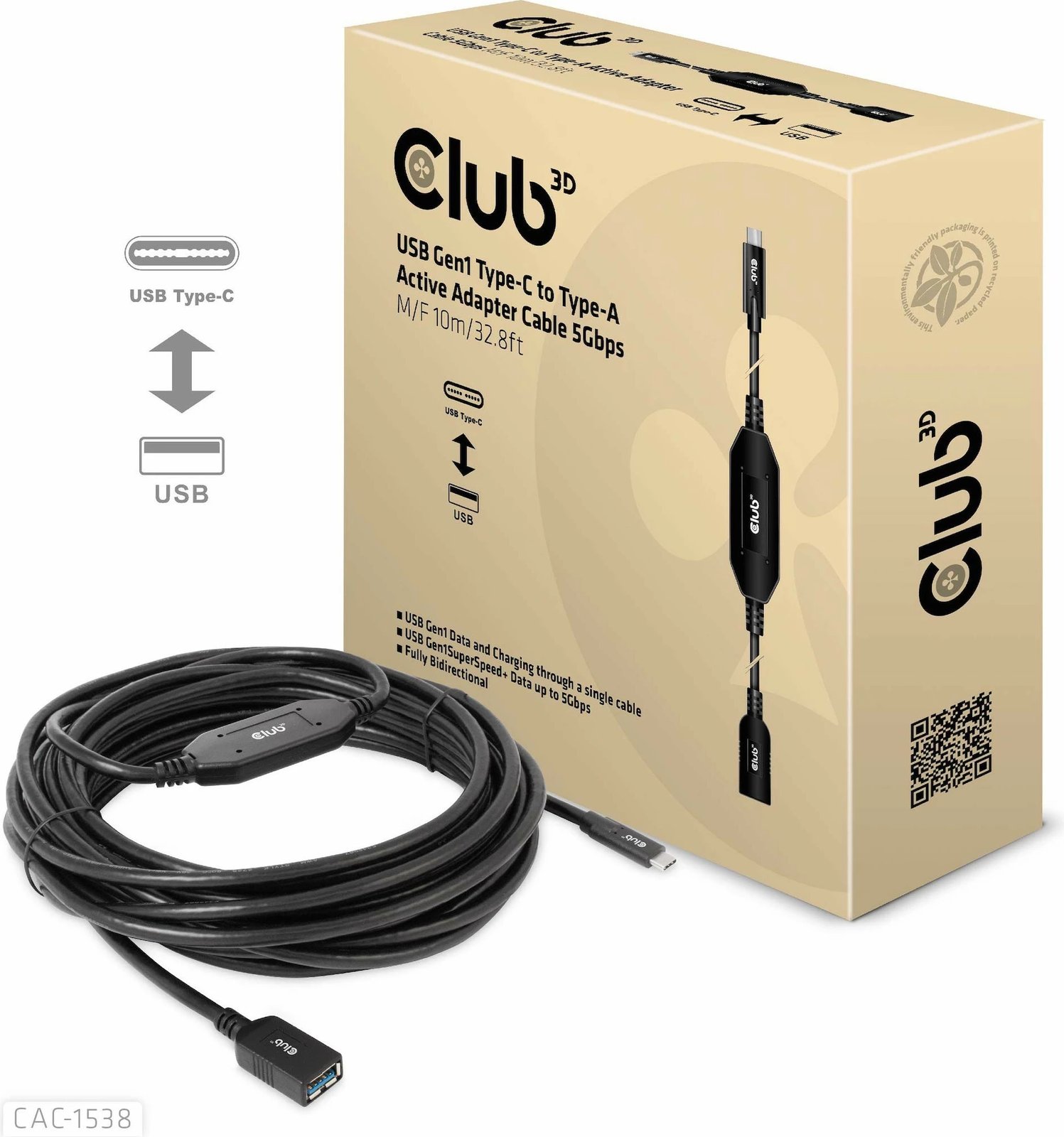 Kabllo USB Club3D CAC-1538, USB-C në USB-A, 10m, e zezë