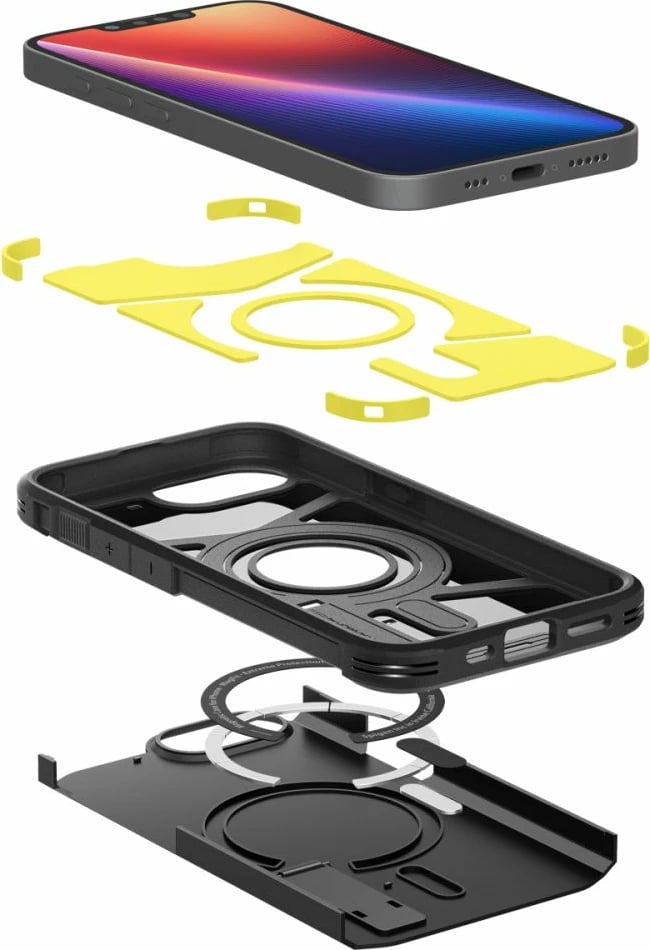 Mbështjellës Spigen Tough Armor MagSafe për iPhone 16e, me këmbë, Zi