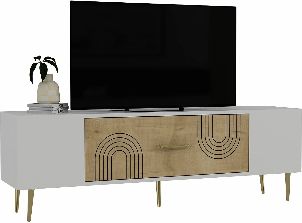 Komodë TV Skye Decor, e bardhë, lis safir, e artë, Dekol2