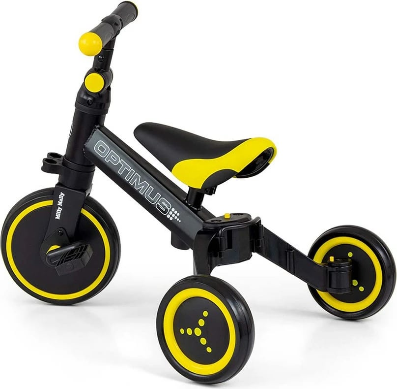 tricikel 3-në-1, Milly Mally Optimus, pedale të heqshme, rrota shkumë, sedilje e rregullueshme, i palosshëm, 12m+, e zezë