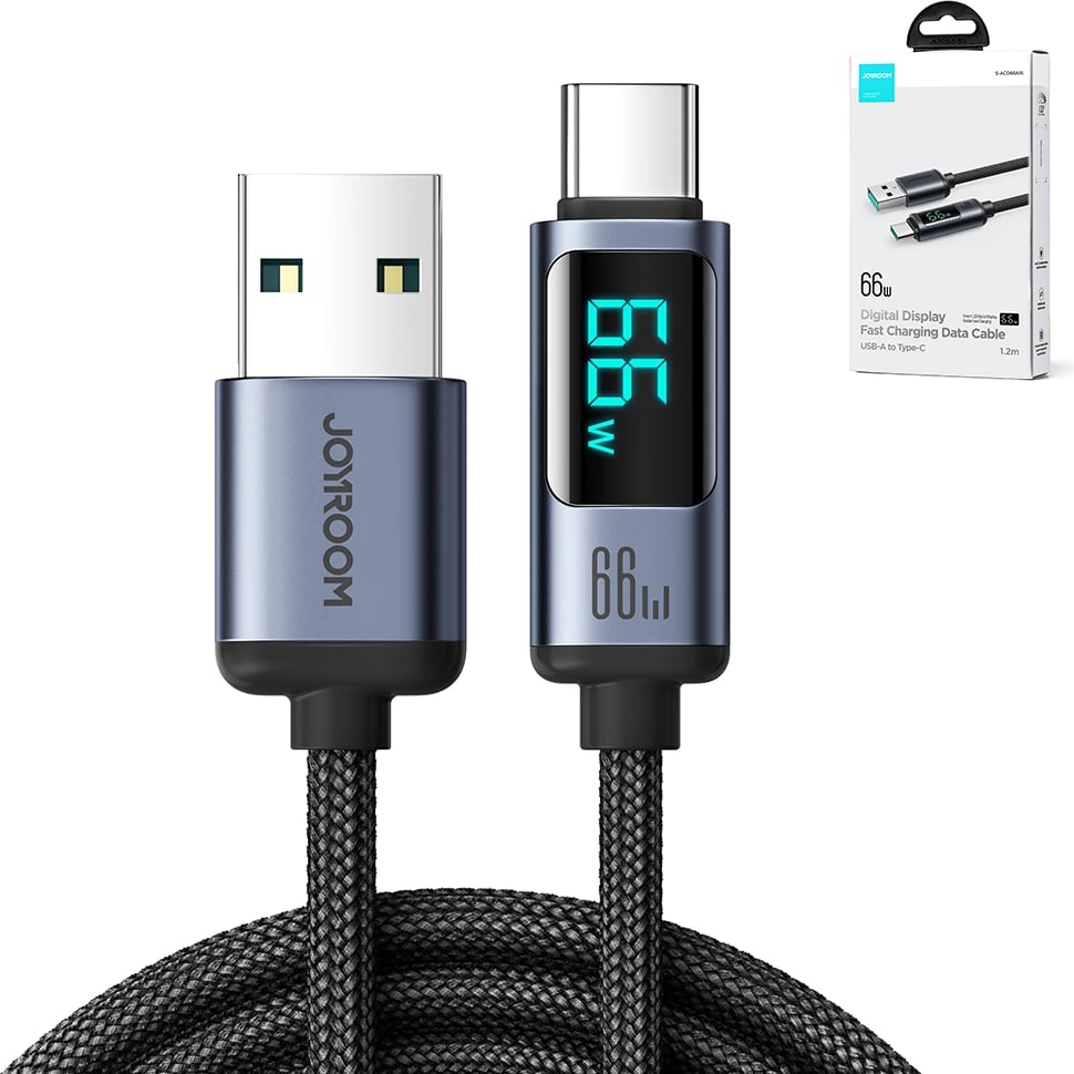 Kabllo Joyroom Prism Series A16, USB-C / USB-A, 1.2m, 66W, me ekran LED, e zezë