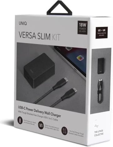 Karikues muri UNIQ Versa Slim LITHOS Collective me USB-C PD 18W dhe kabllo USB-C/USB-C 1.2m, Zi