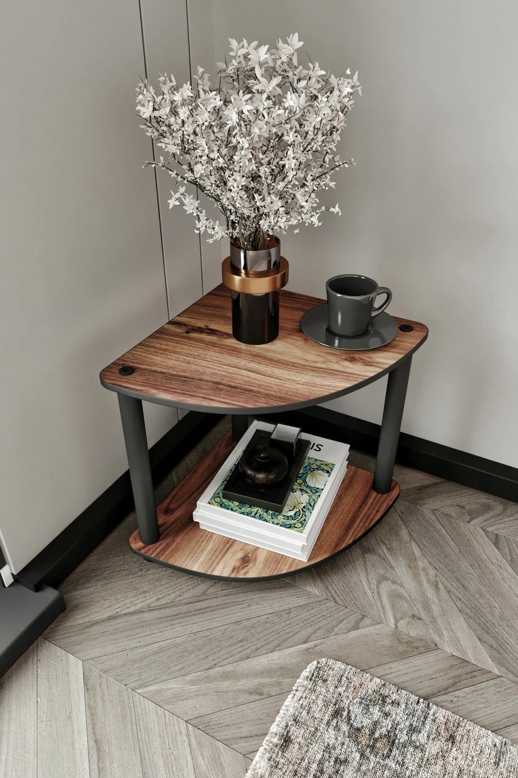 Tavolinë anësore këndore, dy kate, ngjyrë arre, Skye Decor