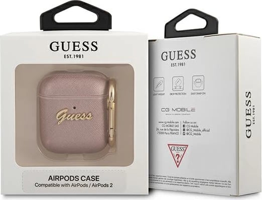 Mbështjellës Guess GUA2SASMP për AirPods 1/2, Saffiano Script Metal, Rozë