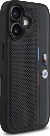 Mbështjellës BMW M Perforated Tricolor Detail Line për iPhone 16, Zi