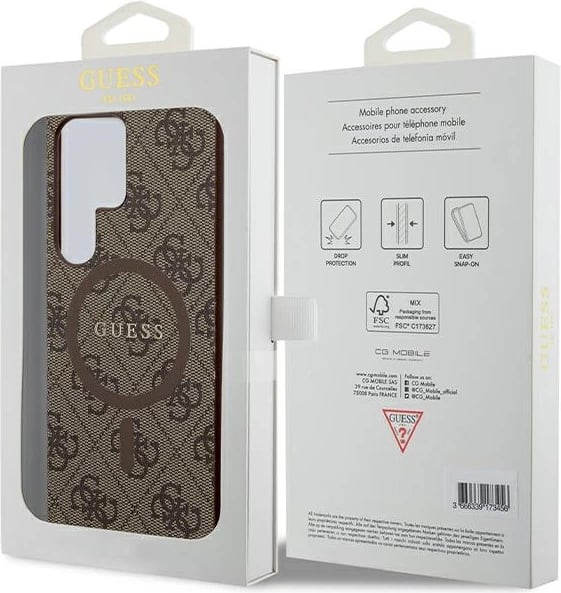 Mbështjellës Guess 4G Collection Leather Metal Logo MagSafe për Samsung Galaxy S24 Ultra, TPU/PC me lëkurë eko, kafe