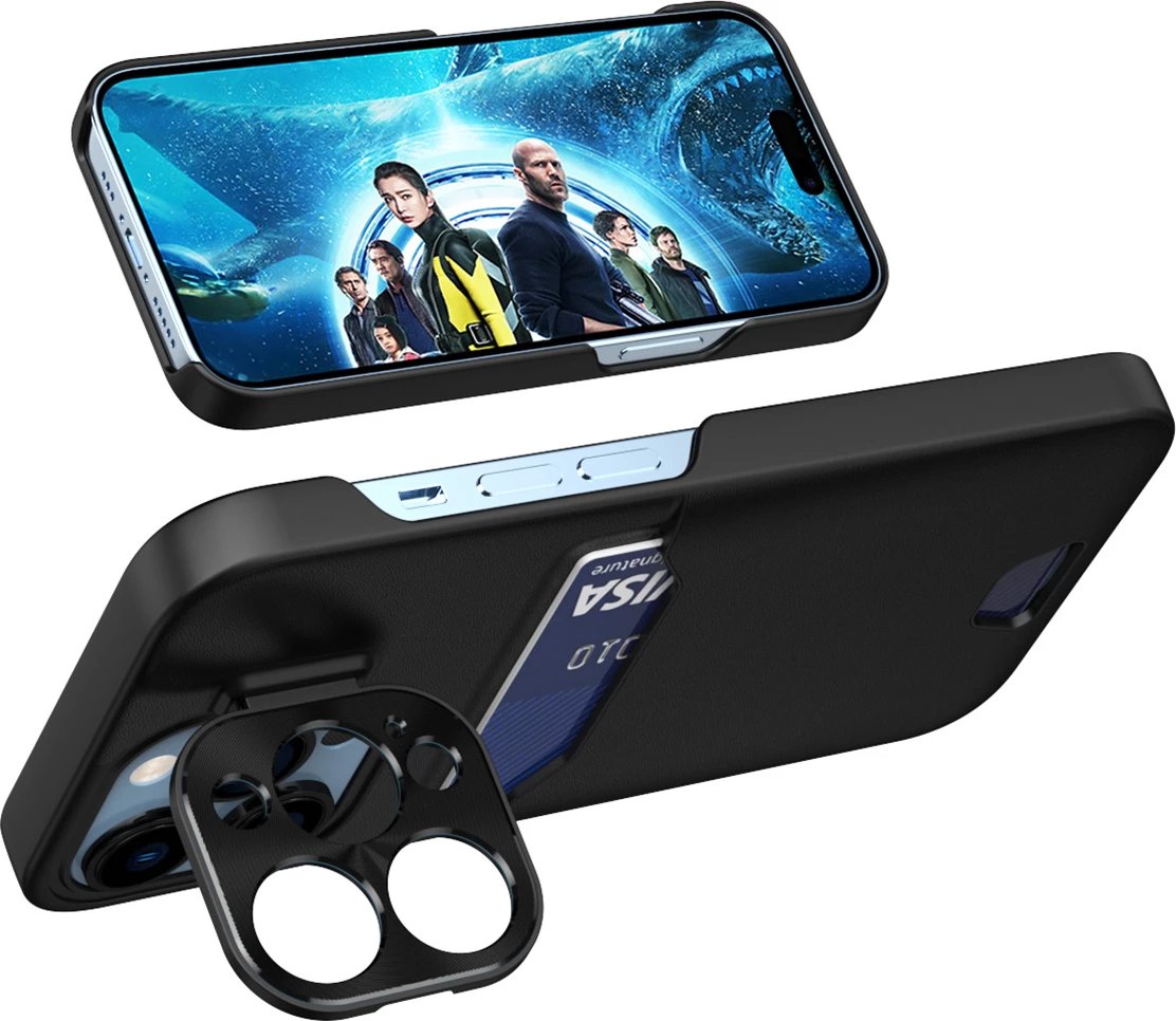 Mbështjellës Hurtel Leather Stand Case për iPhone 14 Plus, me xhep për kartela dhe mbajtëse, e zezë