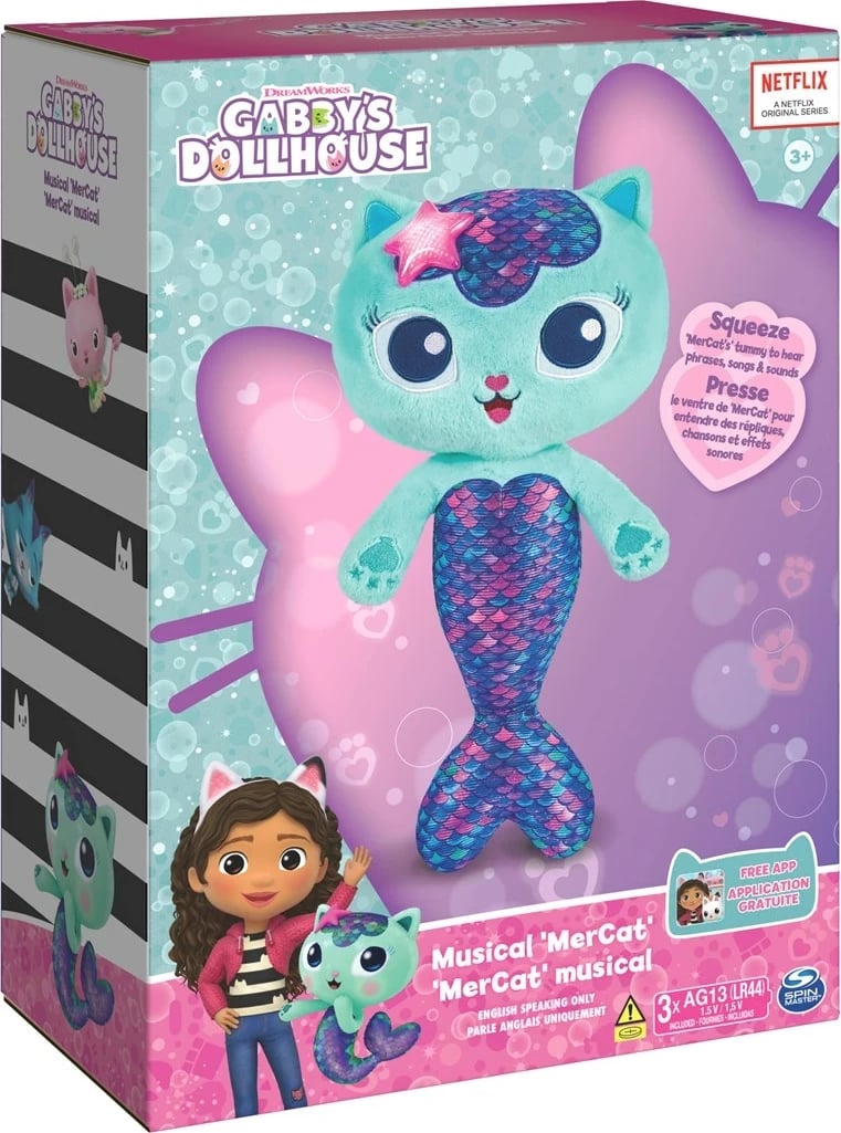 Lodër interaktive SPIN MASTER Gabby's Dollhouse MerCat, 14-inch, me drita, muzikë dhe fraza, për fëmijë, Vjollcë