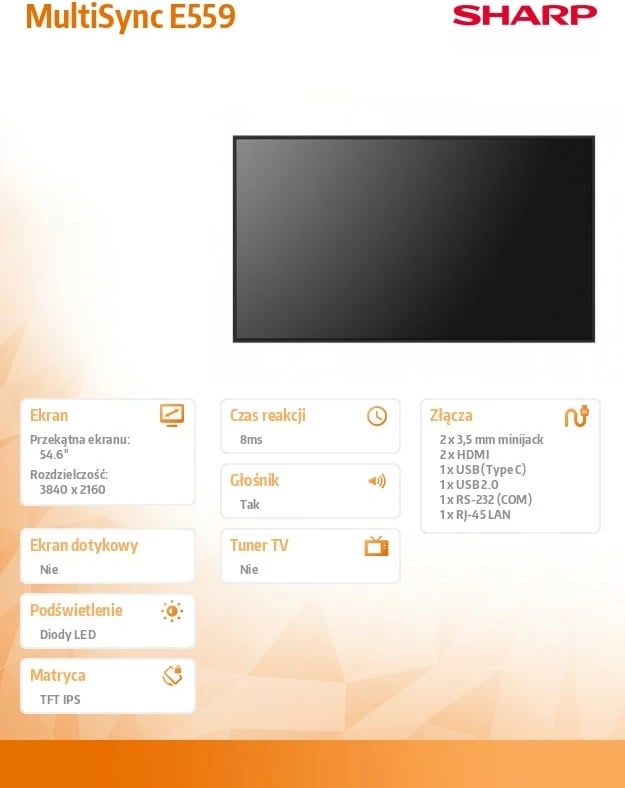 monitor format i madh Sharp MultiSync E559 55" UHD 3840x2160 IPS 60Hz 350 cd/m² 16/7, i zi
