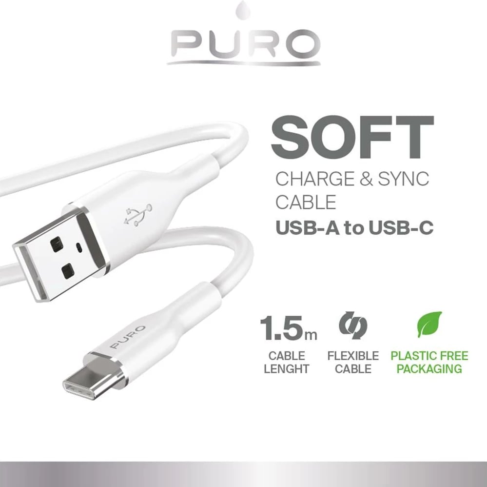 Kabllo USB-A në USB-C Puro Soft 1.5m, e bardhë Kabllo USB-A në USB-C Puro Soft 1.5m, e bardhë