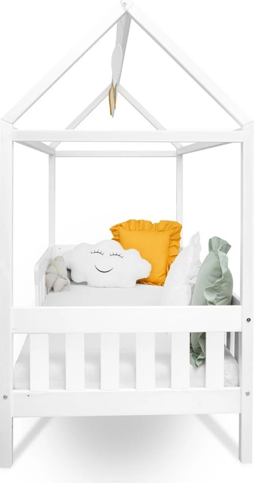 krevat fëmijësh shtëpizë, New Baby CASTELLO, 160x80 cm, gardh mbrojtës dhe dysheme me leta elastike, dru pishe, i bardhë