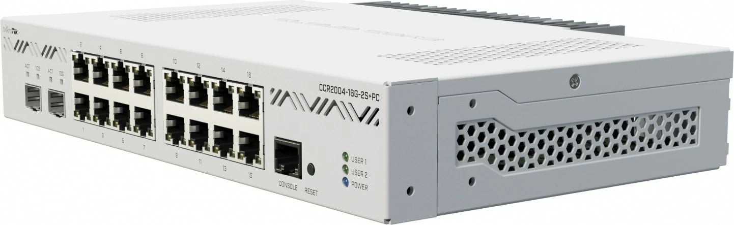 Router me tela MikroTik CCR2004-16G-2S+PC, 16 porta Gigabit, 2 porta SFP+, i bardhë
