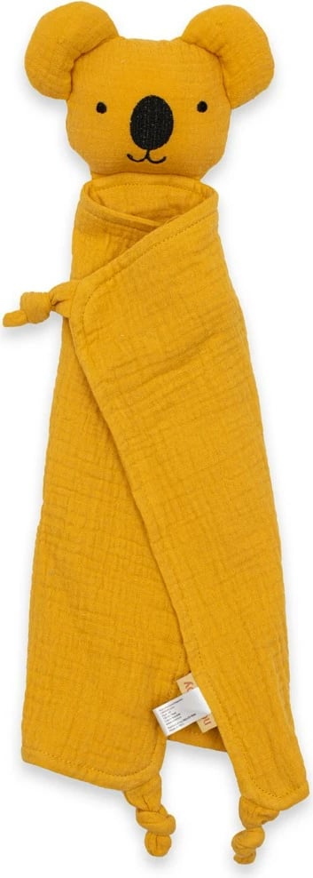 lodër ngushëlluese muslin, New Baby, Koala, 30x30 cm, pambuk organik, mustard e verdhë