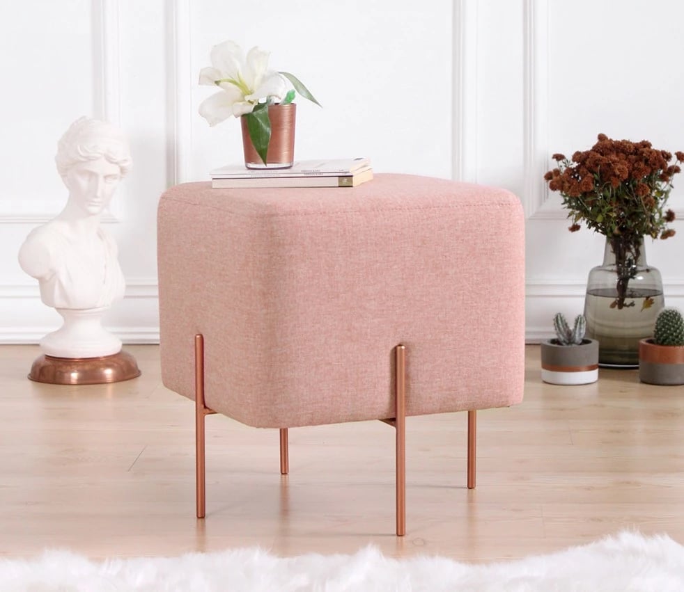 Puf bohem, ngjyrë rozë, këmbë bakri, 40x42x40cm