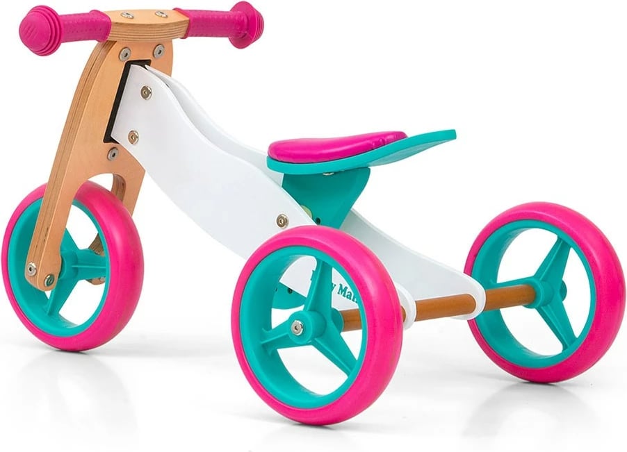 Biçikletë 2-në-1 fëmijësh druri, Milly Mally, JAKE Classic Candy, rrota shkumë 7", sedile e rregullueshme, deri 25 kg, shumëngjyrëshe