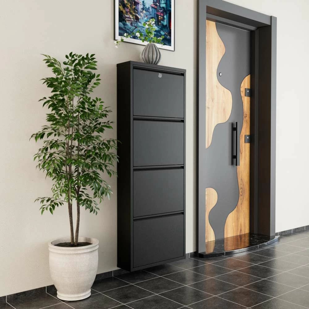 Dollap për këpucë, metalik, 4 pjesë, ngjyrë e zezë, Skye Decor