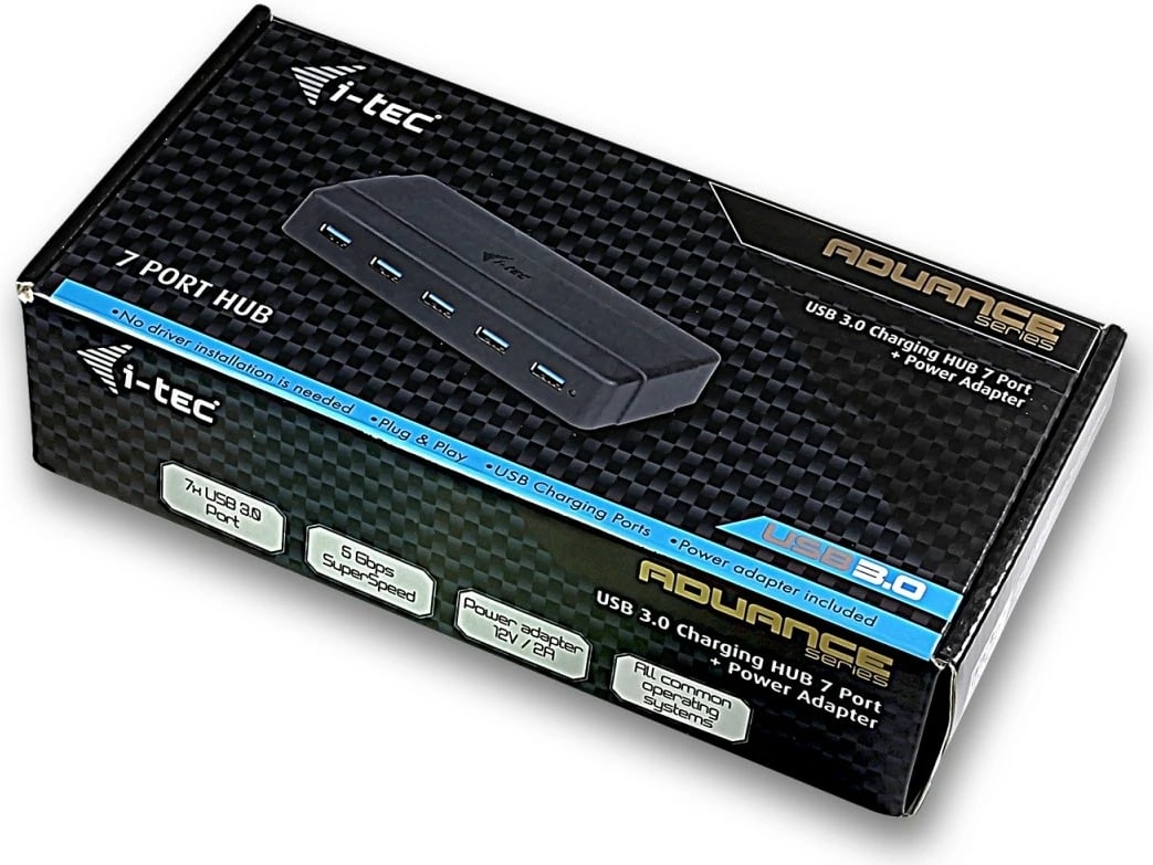 Kasë USB HUB i-tec U3HUB742, 7 porta USB 3.0, me adapter rryme, e zezë