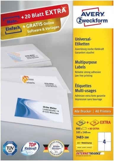 Etiketa, Avery Zweckform, 3483, 105 x 148 mm, A4, 100 fletë, e bardhë