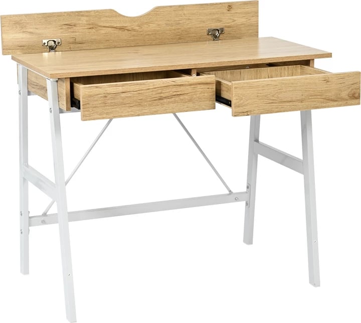 Tavolinë pune me sirtarë Lione, ngjyrë lisi me këmbë metalike të bardha, 90x50x75cm