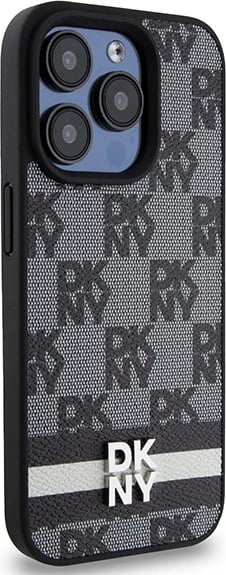 Mbështjellës DKNY Leather Checkered Mono Pattern & Printed Stripes për iPhone 15 Pro, i zi