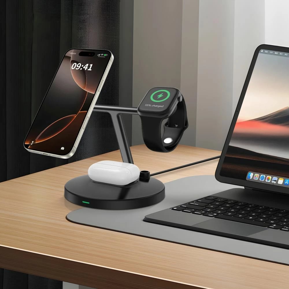 Karikues wireless 3-në-1 Tech-Protect QI15W-A35 me MagSafe, për iPhone, AirPods, Apple Watch, Zi