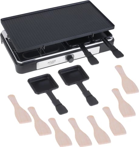 Grill elektrik raclette, Adler AD 6616, 1400W, pjatë 42x23cm, dyanshe jo-ngjitëse, 8 tiganë + 8 shpatulla druri, e zezë