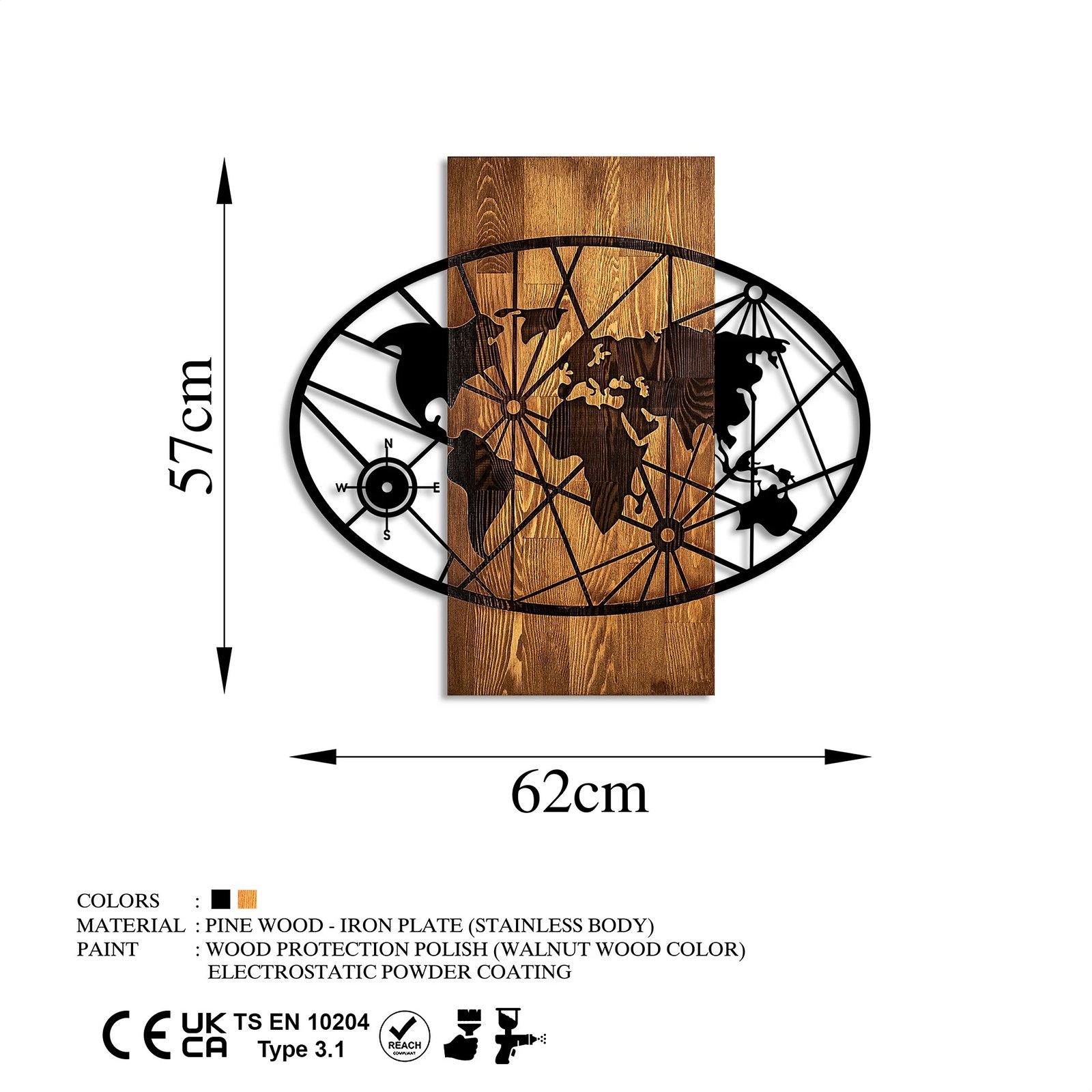 Aksesor dekorativ për mur, hartë bote, dru arre & e zezë, Wallity, 57x62cm