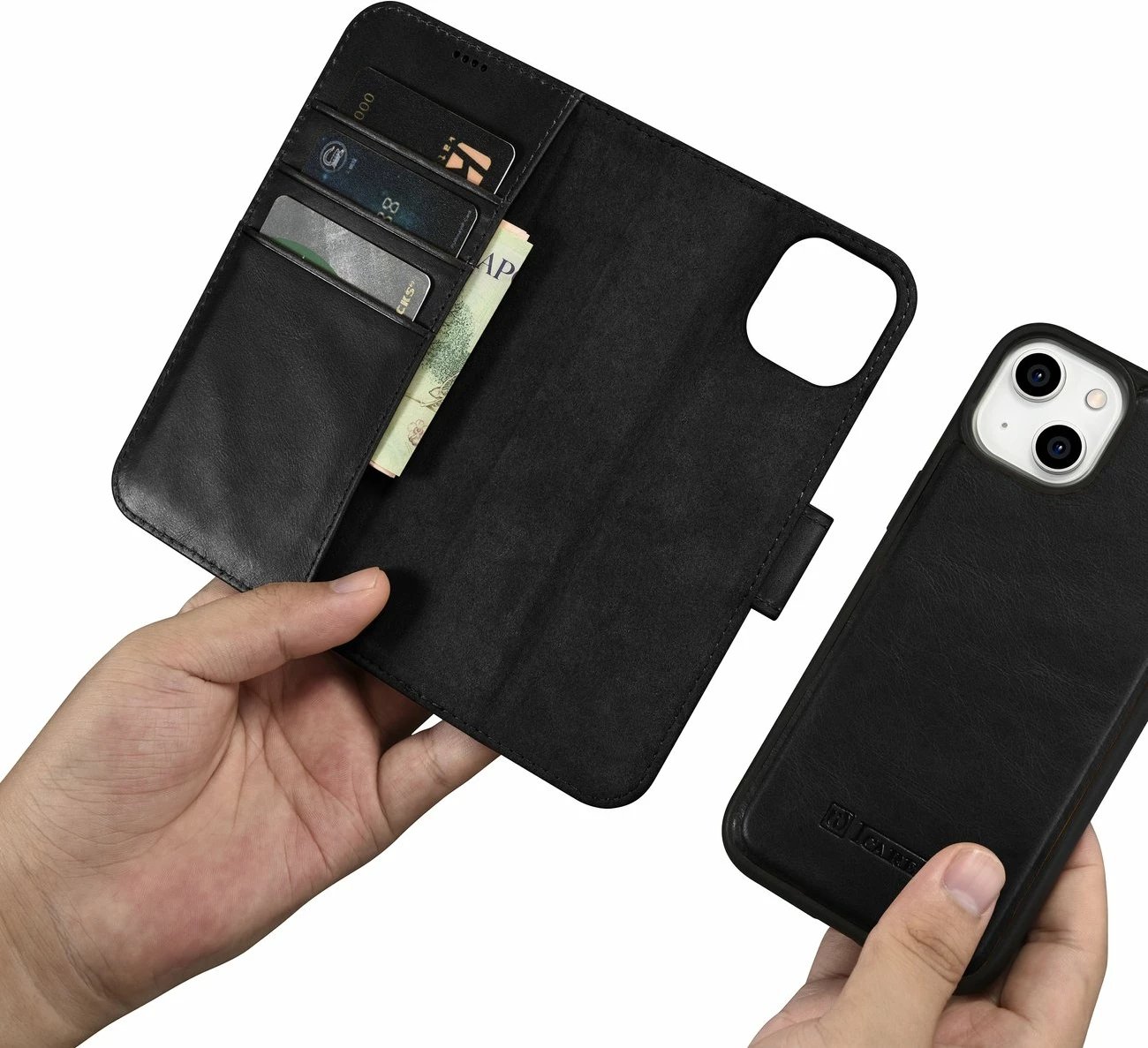 Mbështjellës iCarer Oil Wax Wallet Case 2in1 për iPhone 14, lëkurë natyrale, Anti-RFID, e zezë