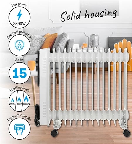 Radiator me vaj, Adler, 7819, 2500W 15 seksione, 3 nivele ngrohjeje, termostat, i bardhë