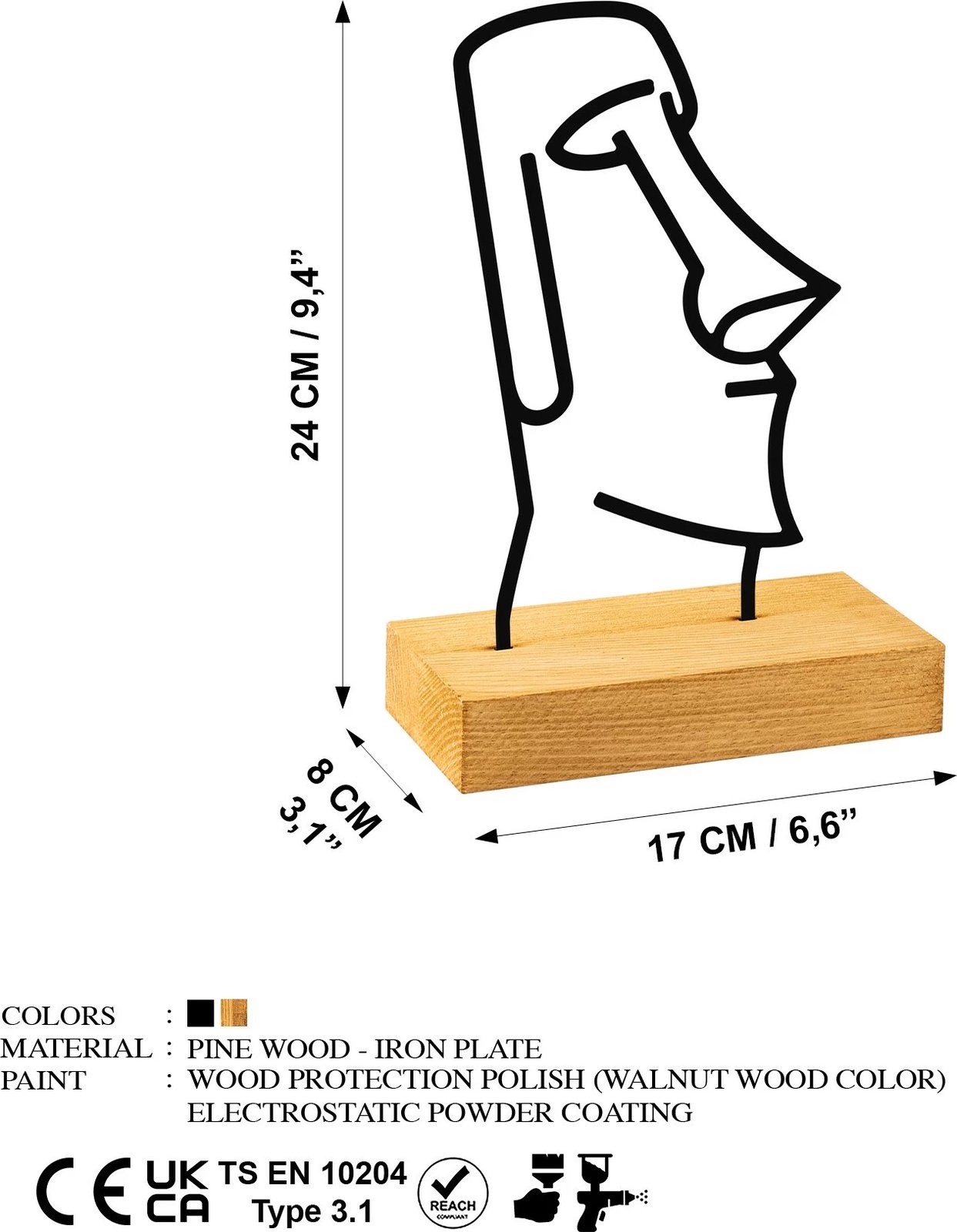 Objekt dekorativ Moai, dizajn Aberto, metal i zi, bazë druri