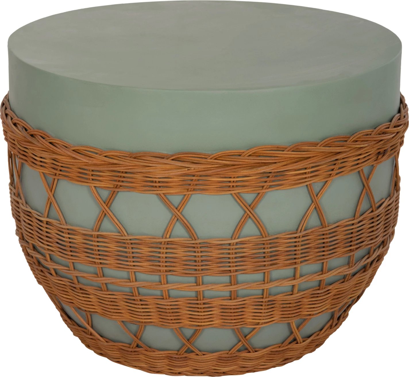 Tavolinë kafeje rrethore VILHENA, fibër-cement, ngjyrë e gjelbër, ratan natyral, FH18165, 56x47cm