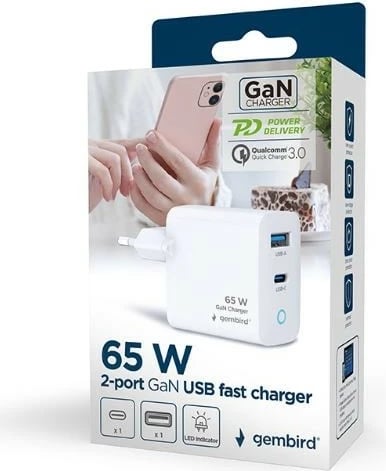 Karikues muri Gembird TA-UC-PDQC65L-W-01, 65W, 2 porta USB-A/C, i bardhë