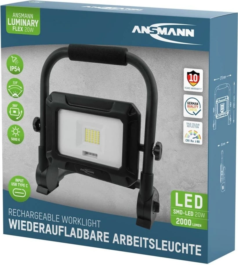 Llambë portabile ANSMANN FL20W-R, LED 20W, 4400 mAh, Alumini, e zezë